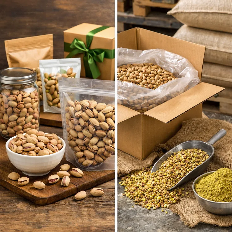 Retail pistachio packs versus industrial bulk pistachio supply